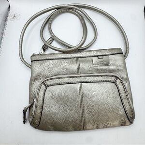 Tignanello metallic gray pebbled leather crossbody bag purse built in wallet